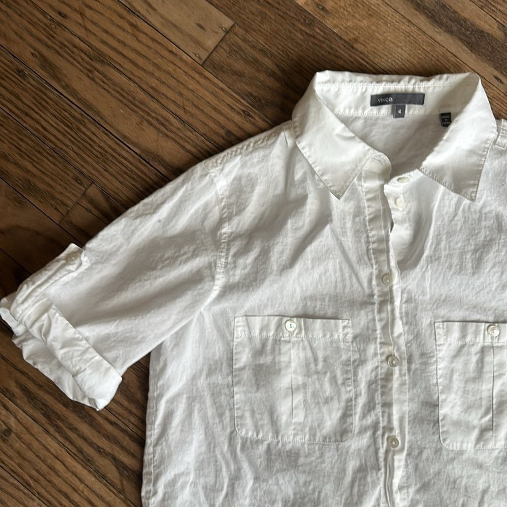 Vince White Cotton Short Sleeve Blouse Top Long Silhouette Size 4 EUC - Picture 2 of 8